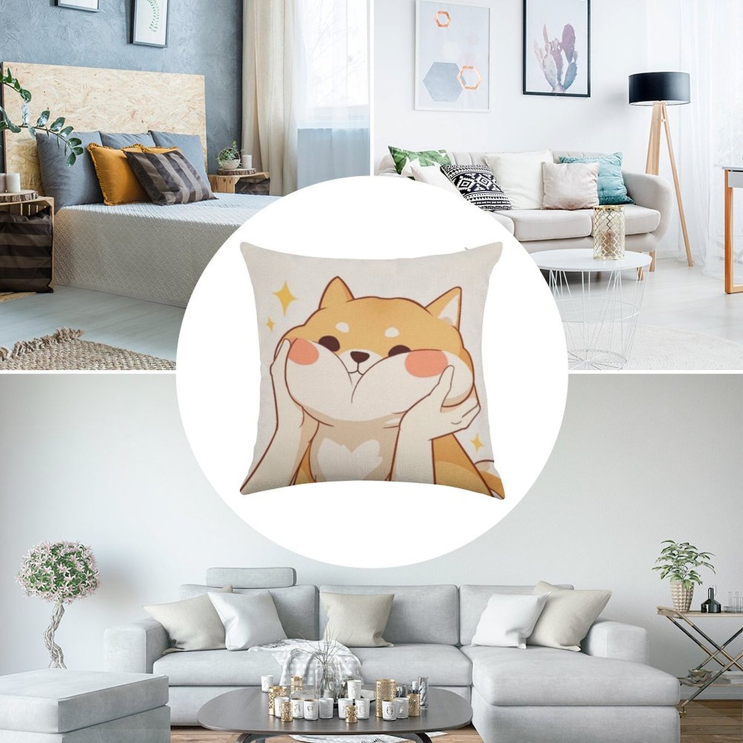 Kawaii Shiba Inu Linen Throw Pillow Cover