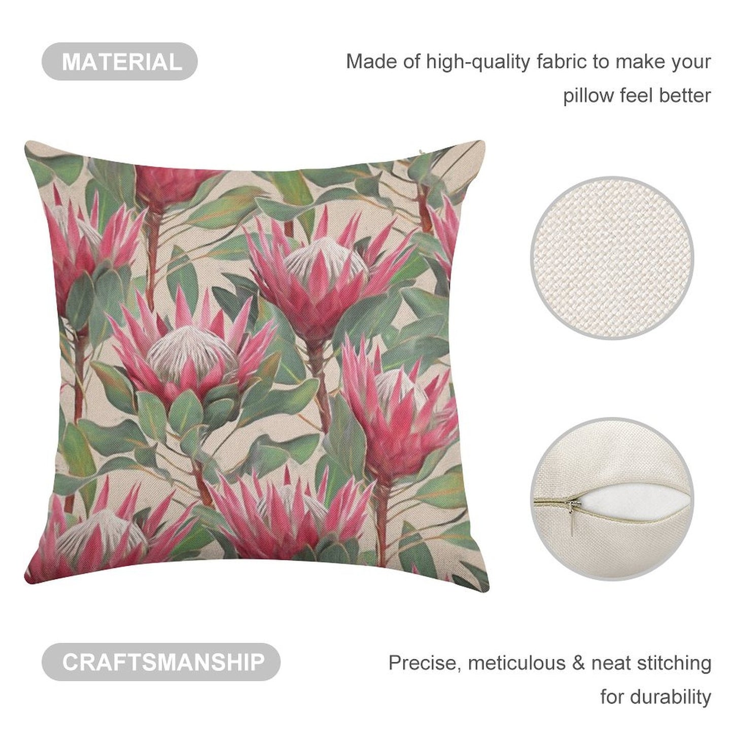 Painted King Proteas on Cream Linen Throw Pillow Cover