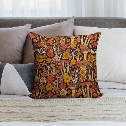 Retro 1970s Brown & Orange Mushrooms & Flowers Soft Anti-Pilling Throw Pillow