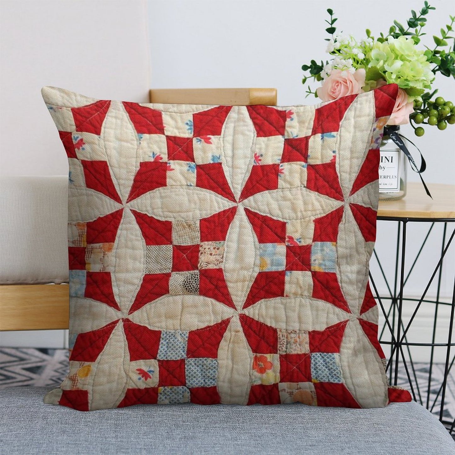 Vintage Patchwork Quilt in Red And White Linen Throw Pillow Cover