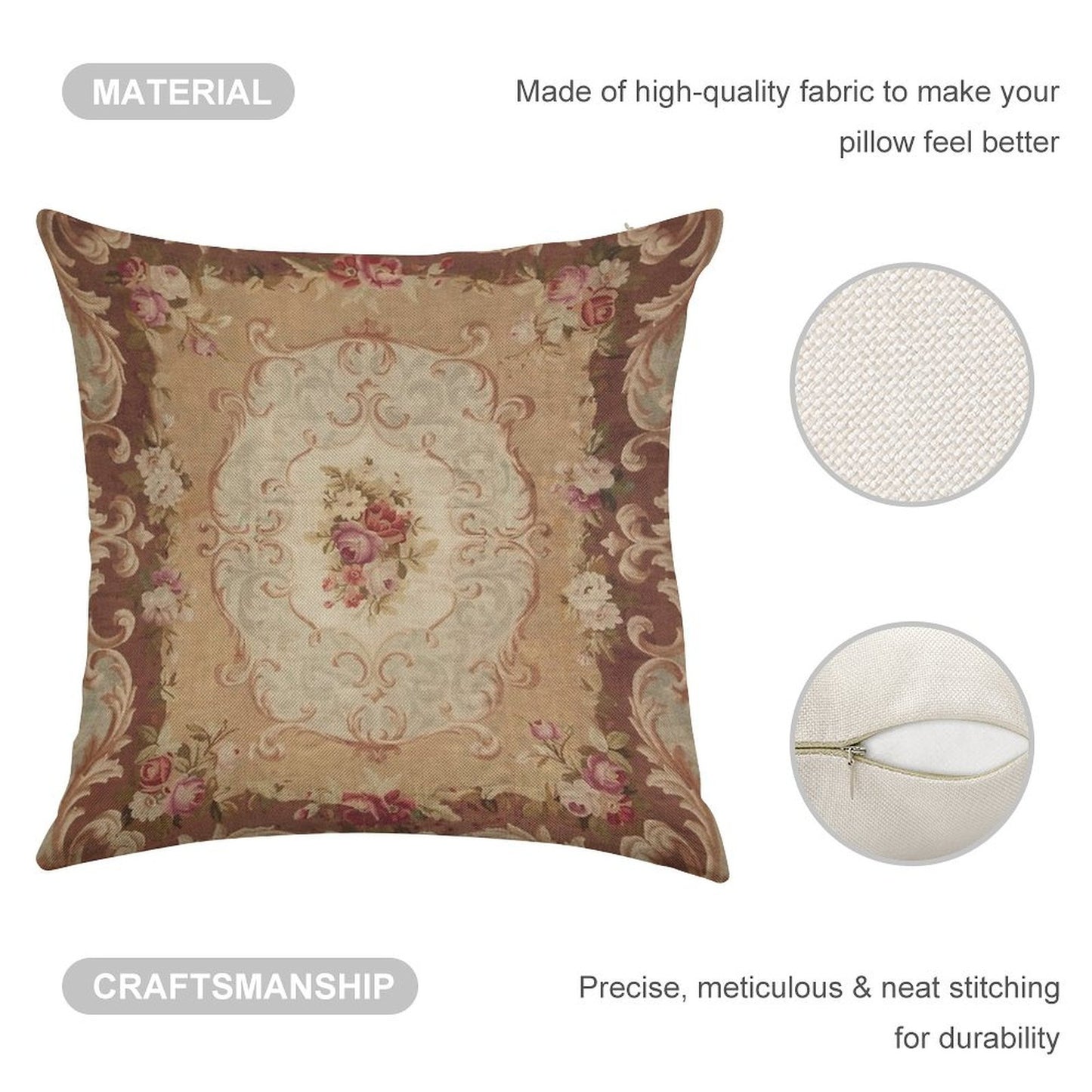 Antique Rose Floral French Aubusson Rug Print Linen Throw Pillow Cover