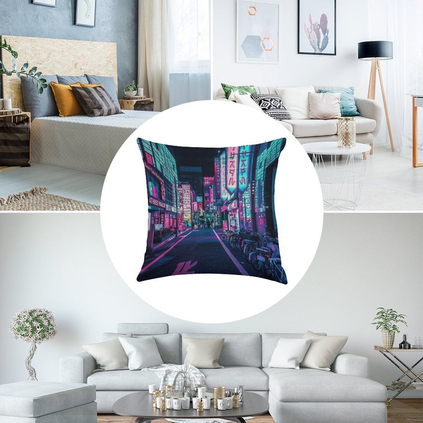 Tokyo - A Neon Wonderland Linen Throw Pillow Cover