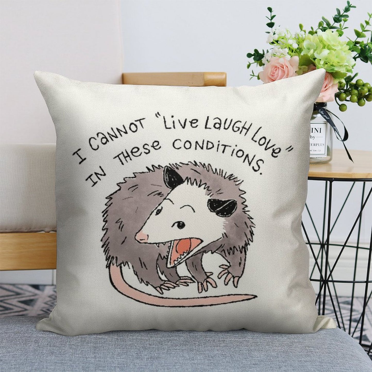 Opossum Live Laugh Love Linen Throw Pillow Cover