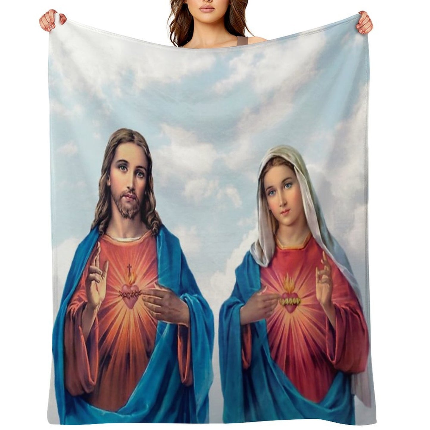Sacred And Immaculate Hearts (Jesus And Mary) with Sky Background Throw Blanket