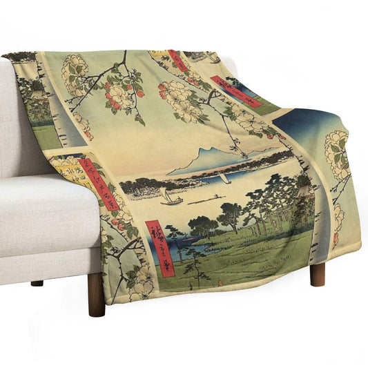 Japanese Print with A Lake And Mountains Throw Blanket