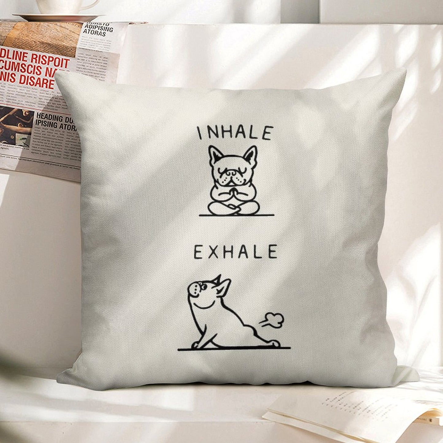 Inhale Exhale Frenchie Linen Throw Pillow Cover