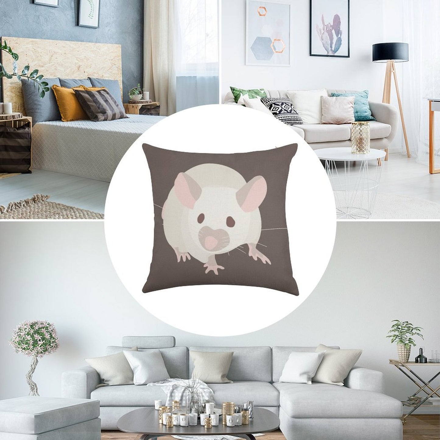 Pet Portrait White Mouse with Red Eyes Linen Throw Pillow Cover