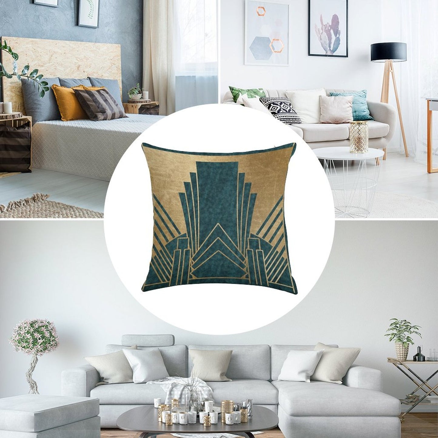 Art Deco Glamour - Teal And Gold Linen Throw Pillow Cover