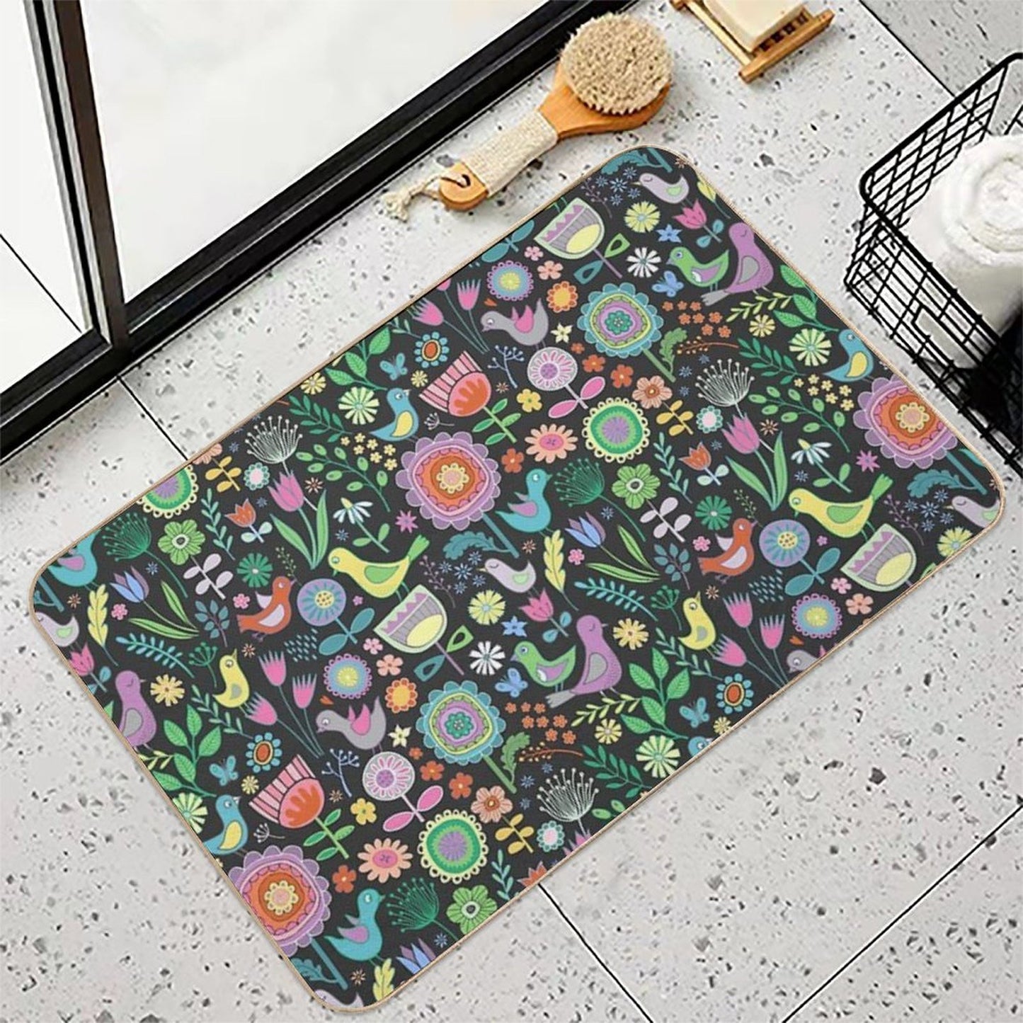 Birds And Blooms - Pastels on Black - Pretty Floral Bird Pattern by Cecca Designs Rapid-Drying Bath Mat