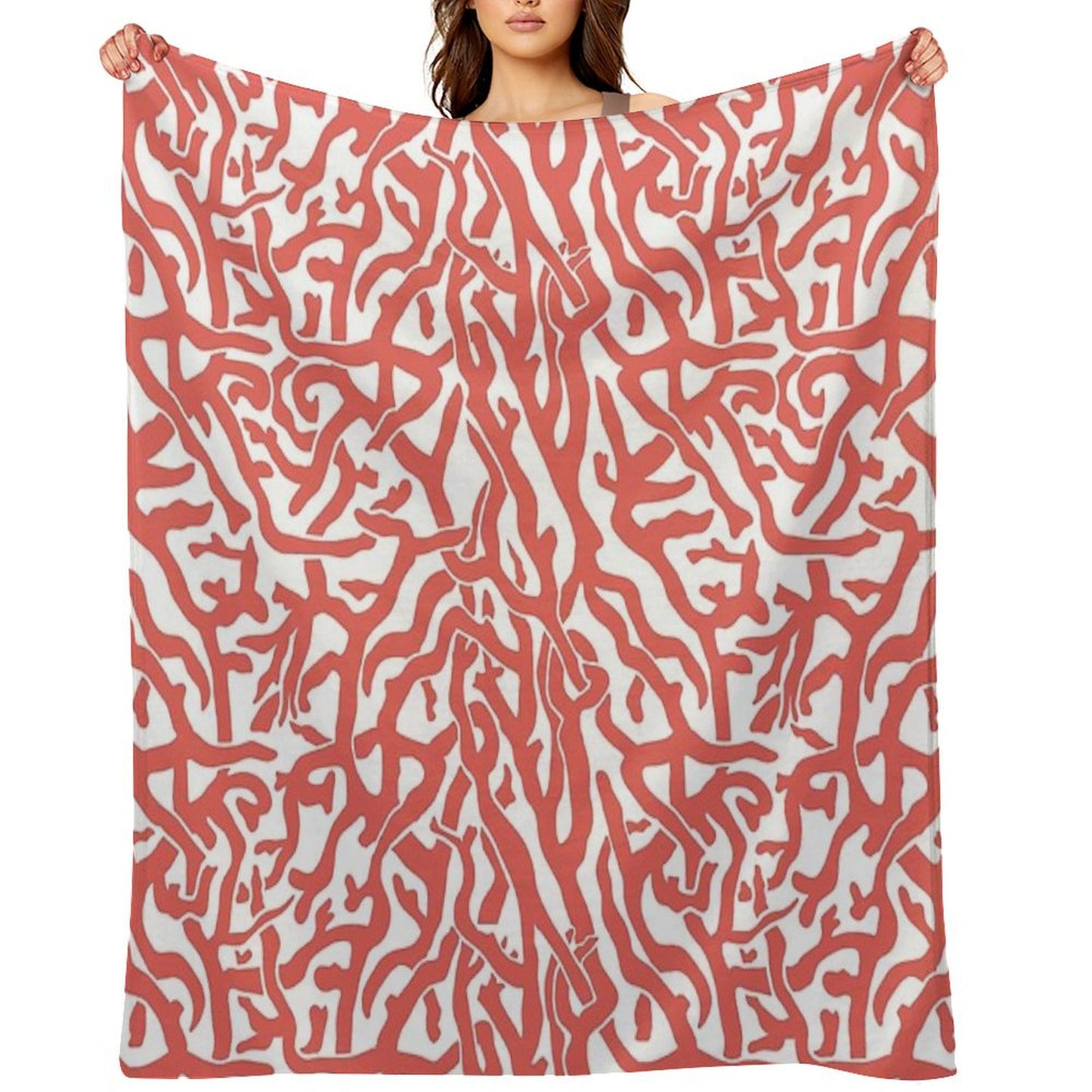 Coral Reef Pattern Reddish Coral White Coastal Beach House Throw Blanket