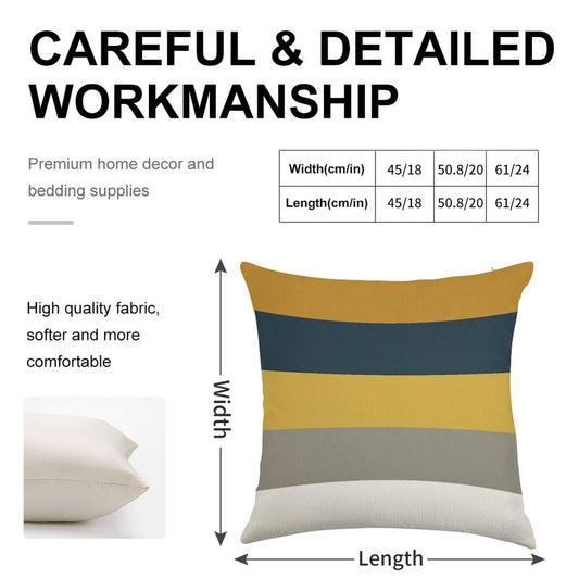 Broad Stripes Pattern in Light And Dark Mustard Yellow, Grey, White, And Navy Blue Linen Throw Pillow Cover
