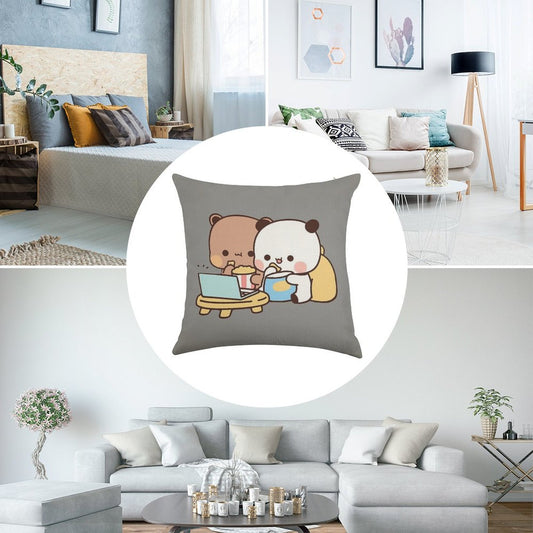 DuDu Bear And BuBu Panda Watching Movie Together❤️ Linen Throw Pillow Cover