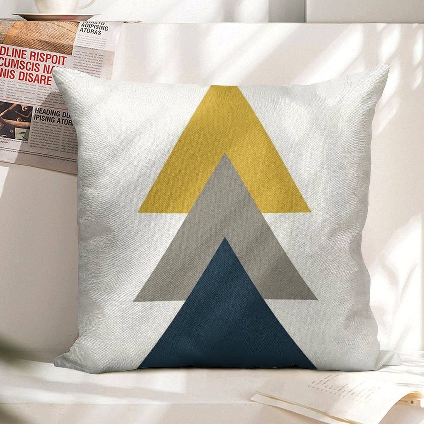 Triangle Trio. Minimalist Geometric in Light Mustard Yellow, White, Grey, And Navy Blue Linen Throw Pillow Cover
