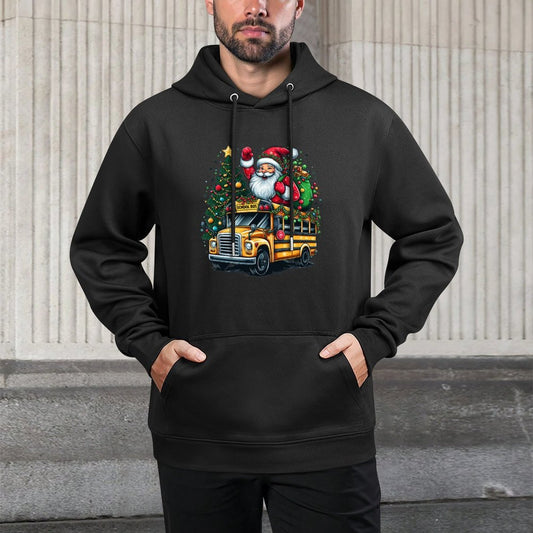 Santa Claus Riding School Bus Driver Christmas Tree Graphic Relaxed Fit Hoodie