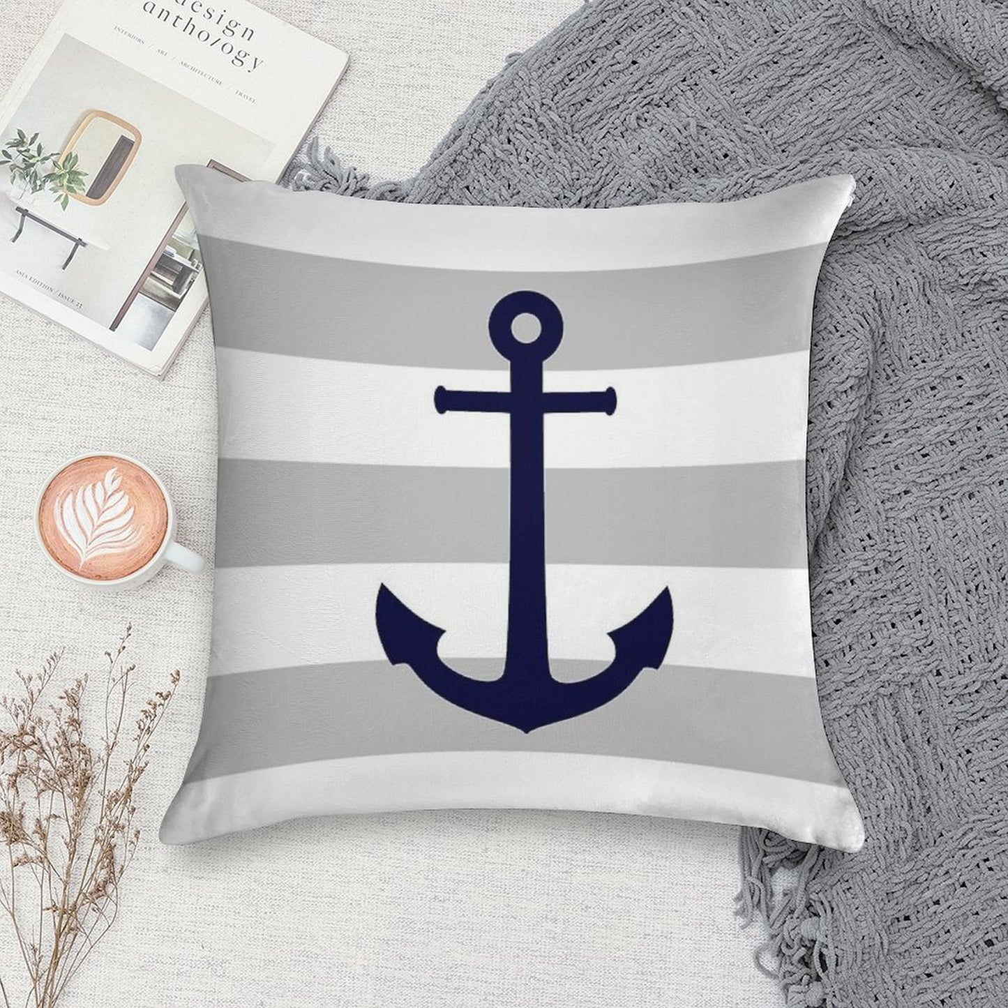 Nautical Navy Blue Anchor On Gray Stripes Soft Ultra-Soft Texture Throw Pillow