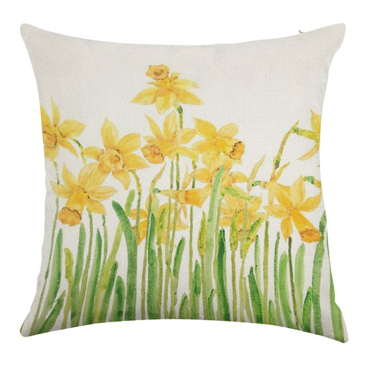 Hand Painted Yellow Daffodils Field Watercolor Linen Throw Pillow Cover