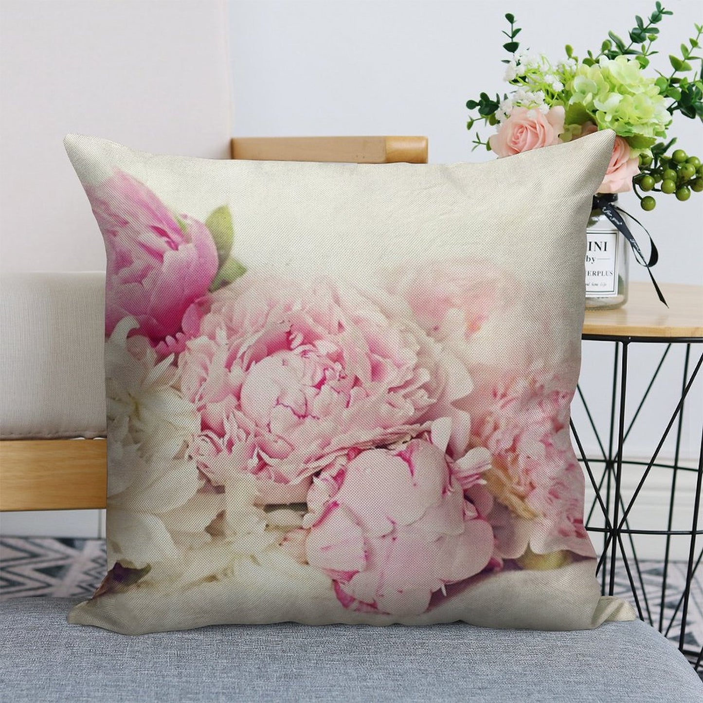 Peonies on White Linen Throw Pillow Cover