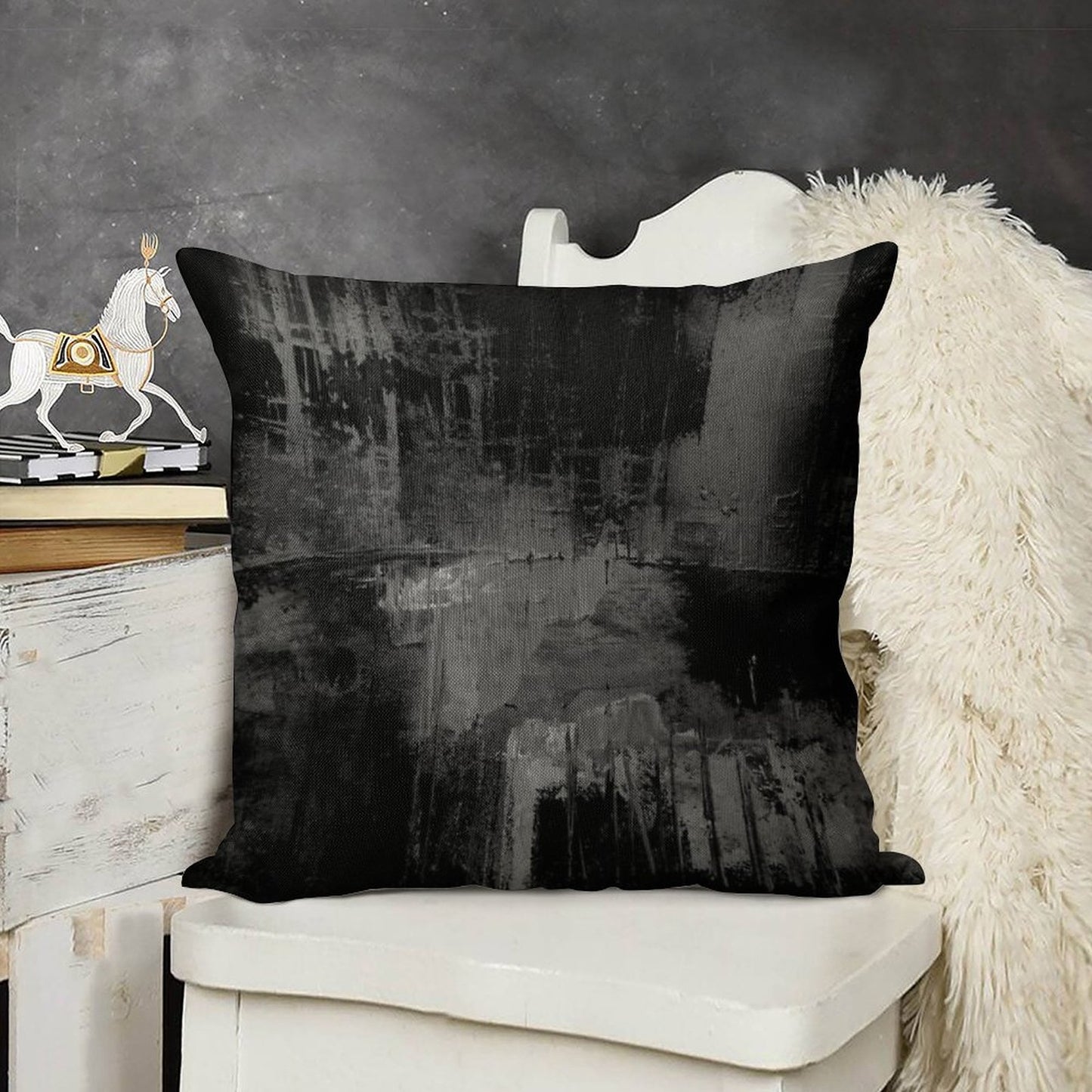 Black Gray Abstract Linen Throw Pillow Cover