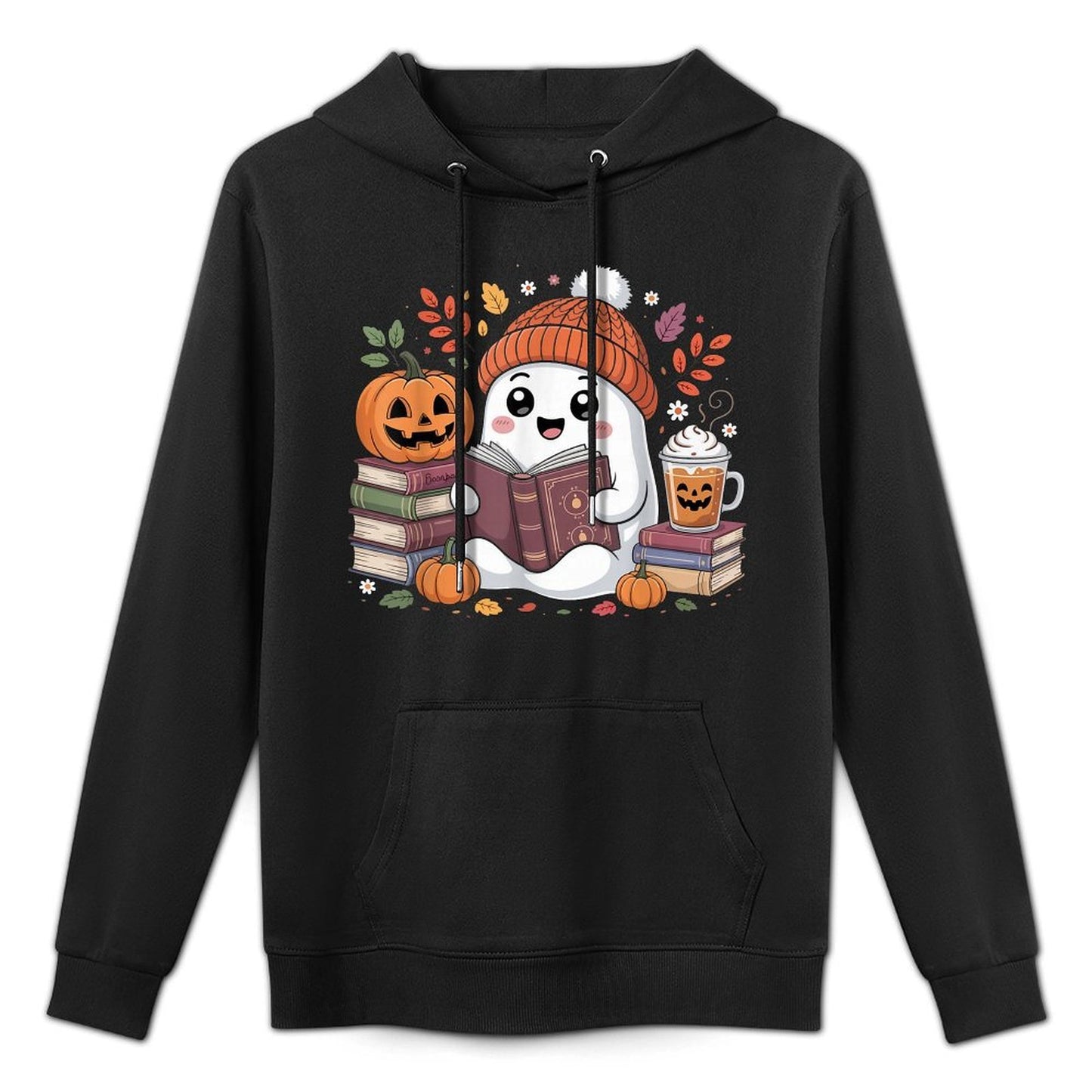 Cute Ghost Reading Book Lover Halloween Ghost Coffee Pumpkin Medium-Weight Fabric Hoodie