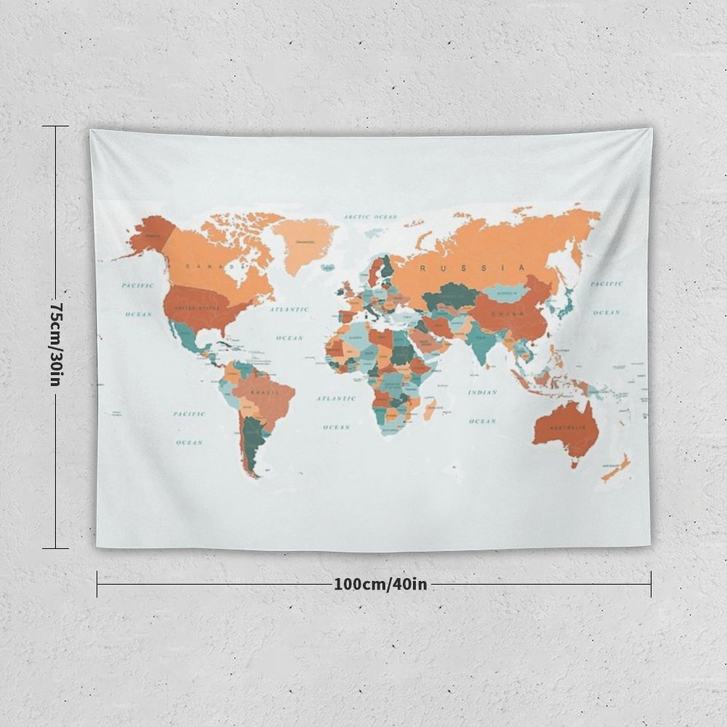 Map of The World in Burnt Orange And Teal Tapestry