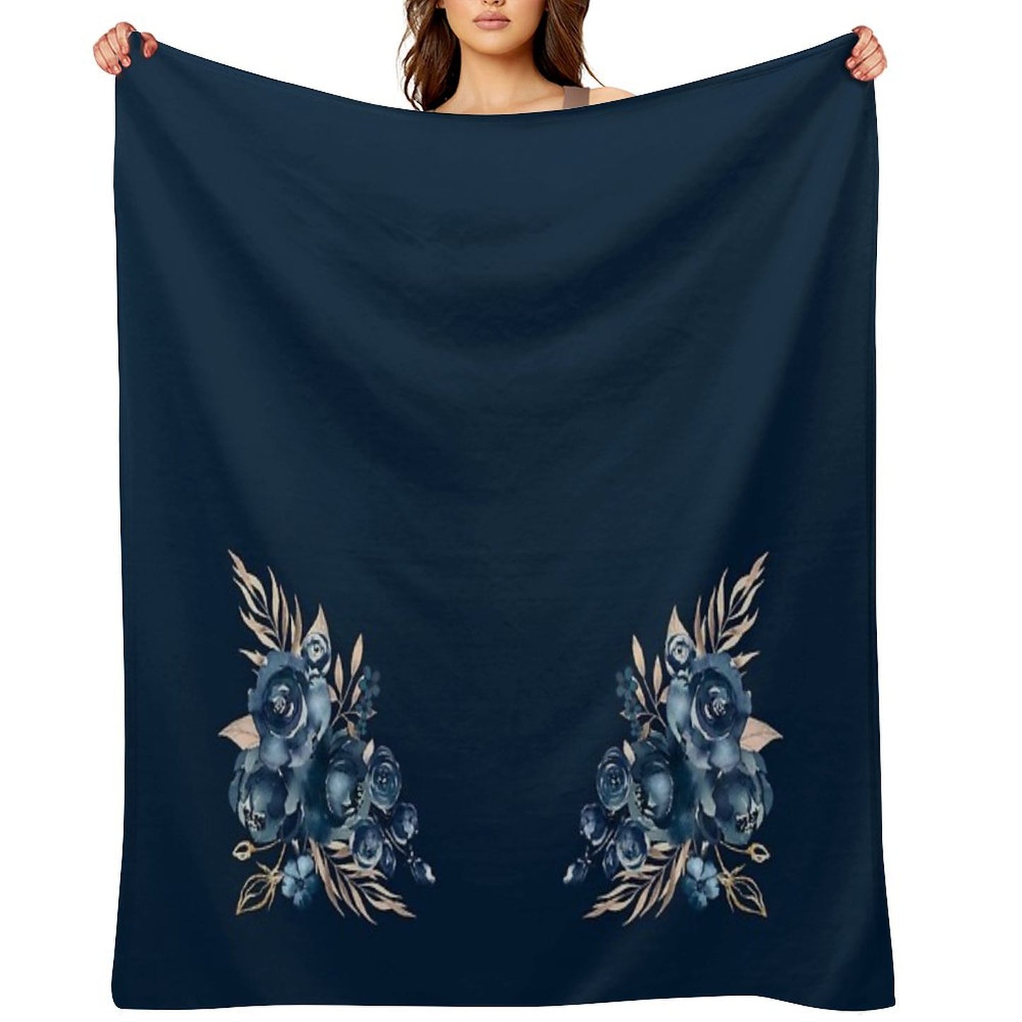 Navy Blue Floral, Watercolor Rose, Aesthetic Throw Blanket