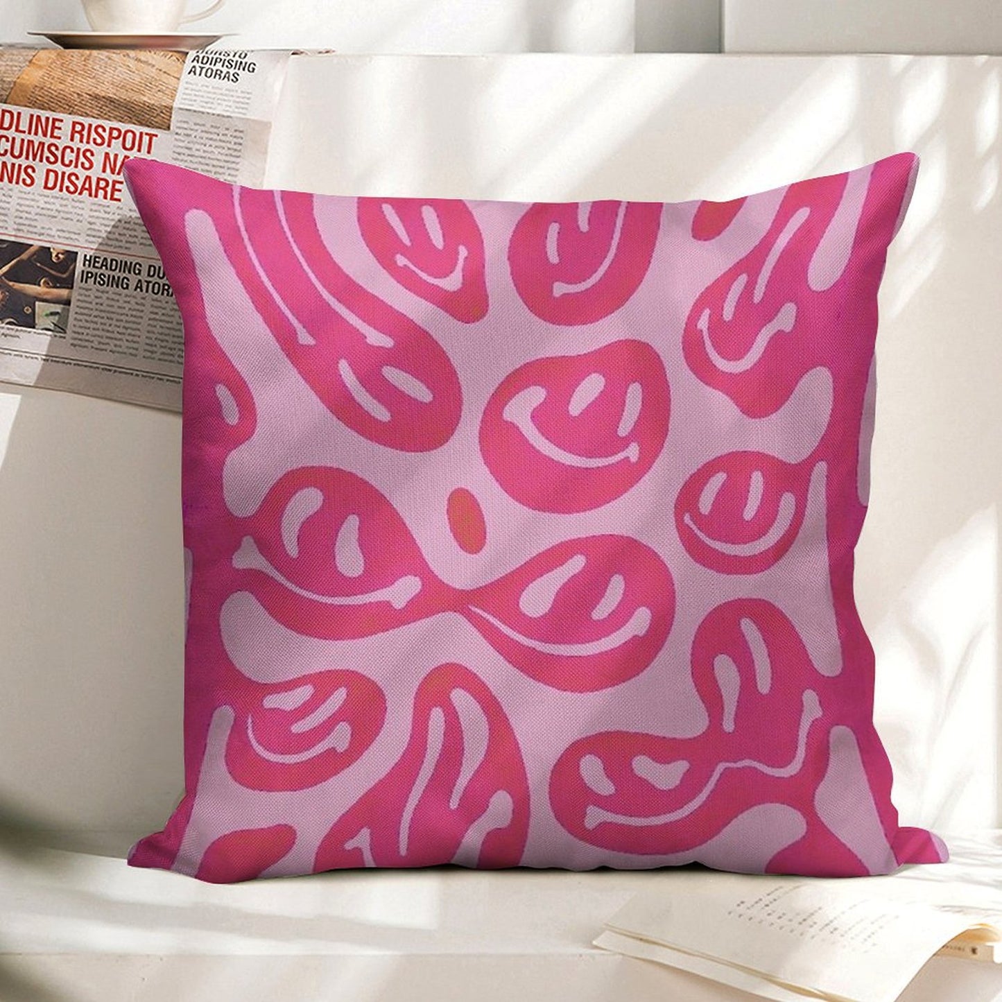 Hot Pink Melted Smiley Face Psychedelic Pattern Linen Throw Pillow Cover