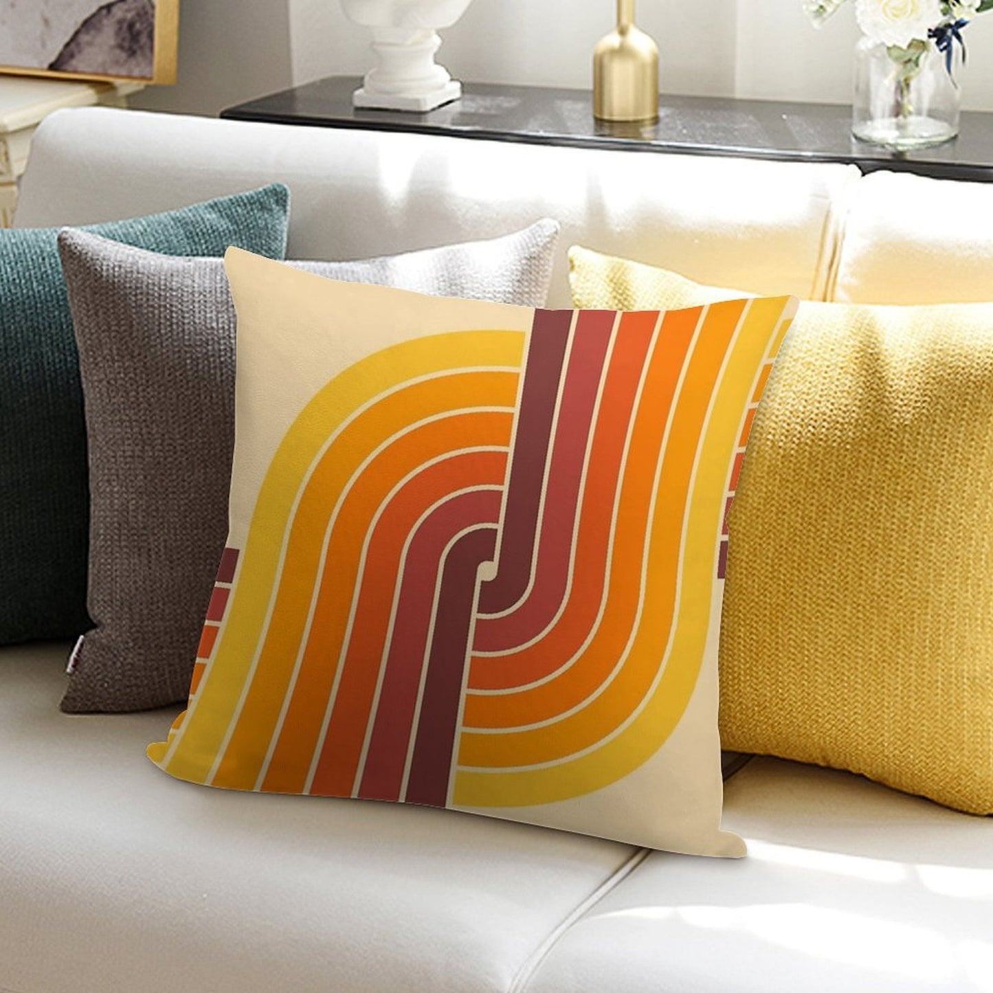 70s Retro Vintage Style Geometric Pattern Orange Yellow And Brown Soft Reinforced Edging Throw Pillow