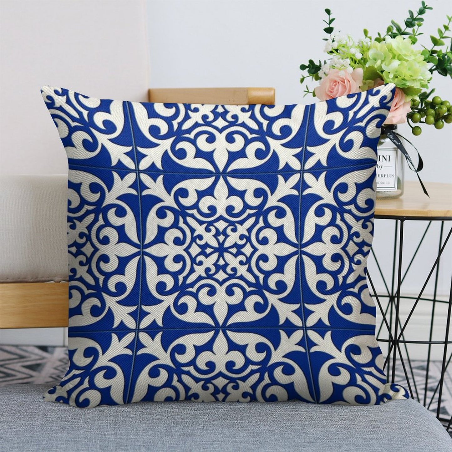 Moroccan Tile - Cobalt Blue Linen Throw Pillow Cover