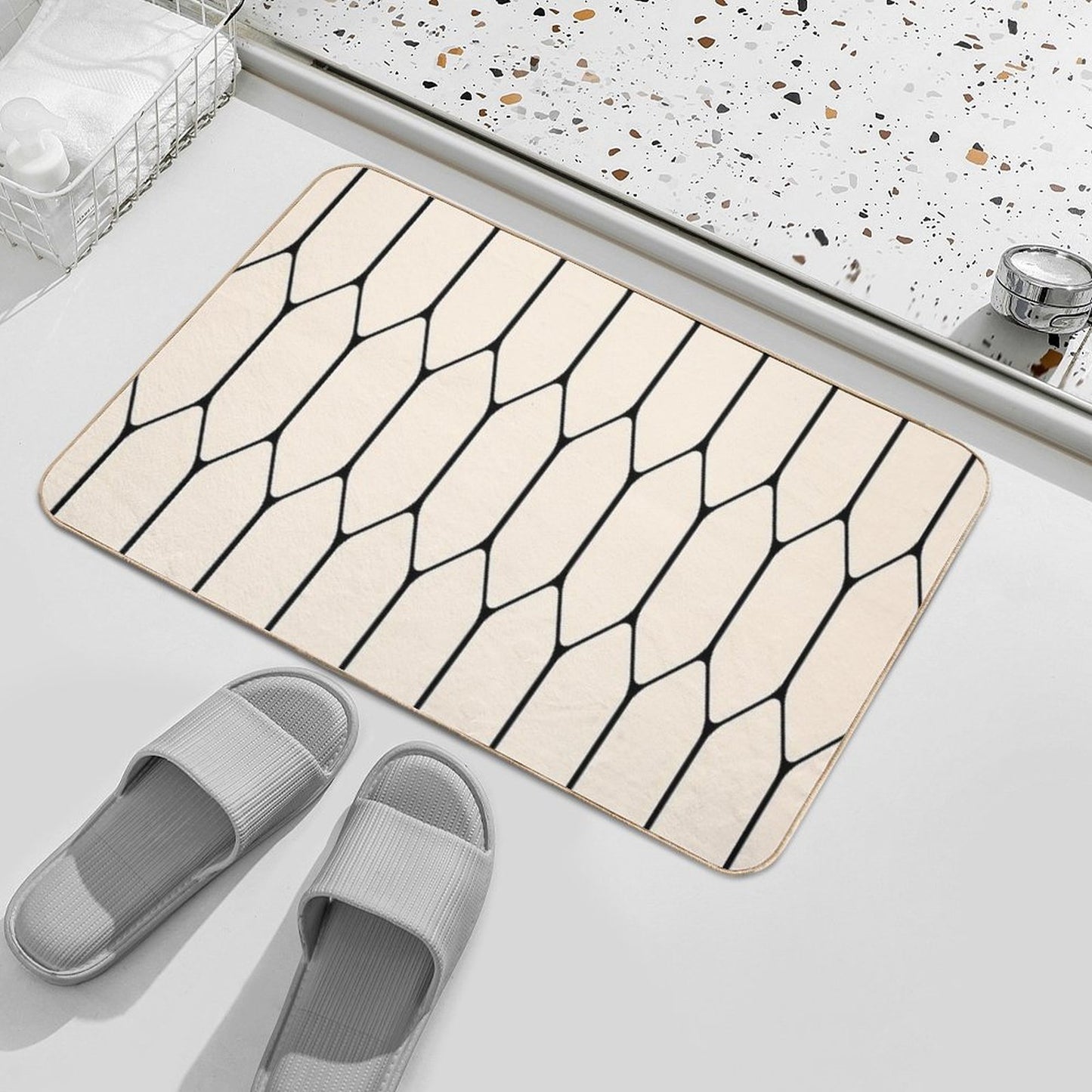 Long Honeycomb Minimalist Geometric Pattern in Black And Almond Cream Bath Mat