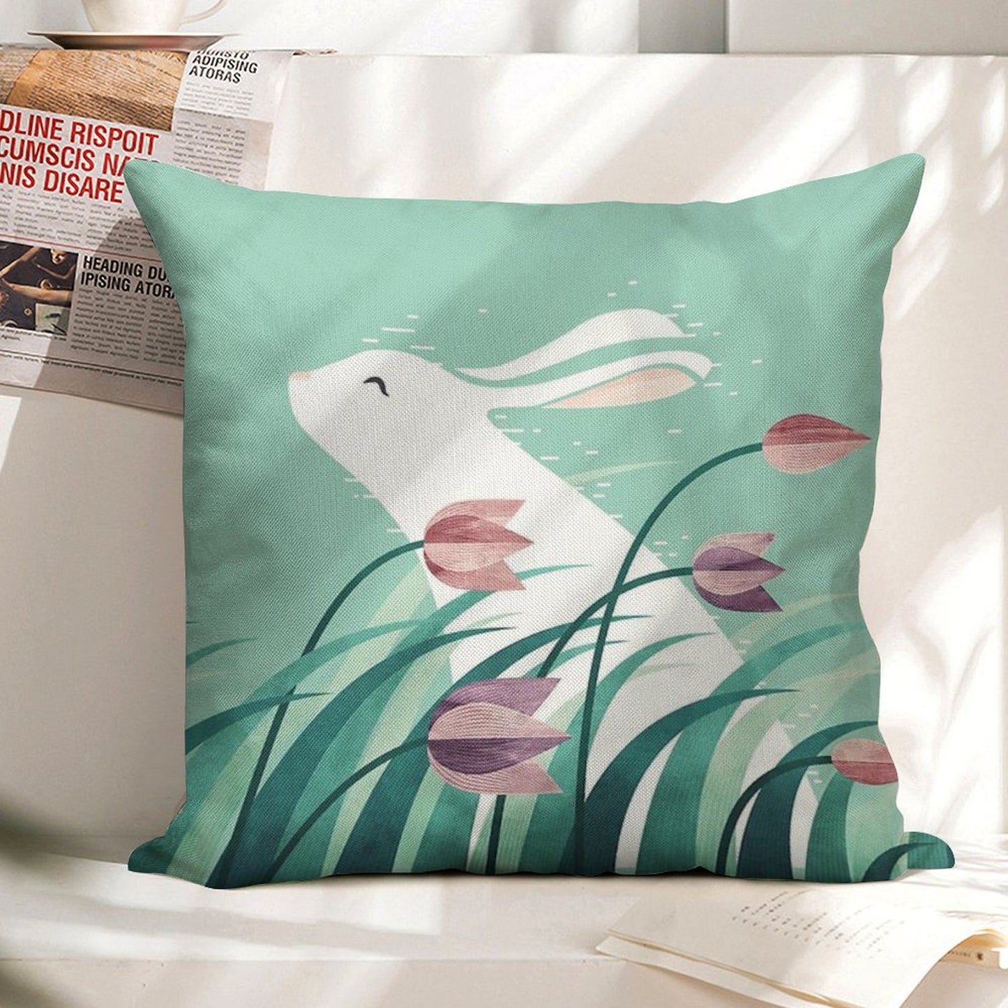 Rabbit, Resting Linen Throw Pillow Cover