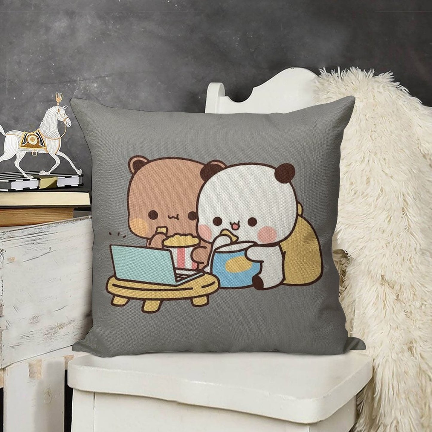 DuDu Bear And BuBu Panda Watching Movie Together❤️ Linen Throw Pillow Cover
