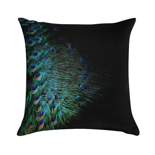 Peacock Feathers on A Black Background Soft Reinforced Edging Throw Pillow