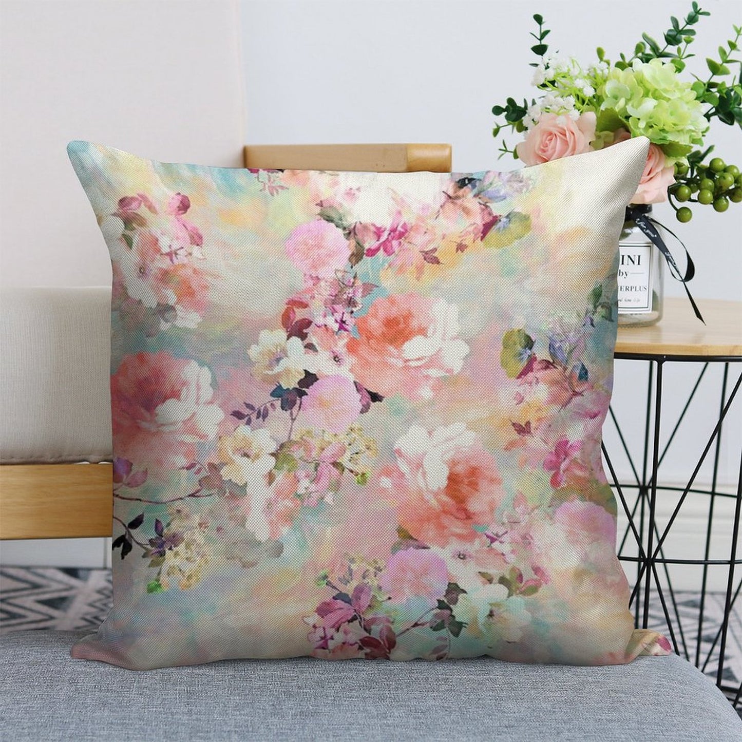 Romantic Pink Teal Watercolor Chic Floral Pattern Linen Throw Pillow Cover