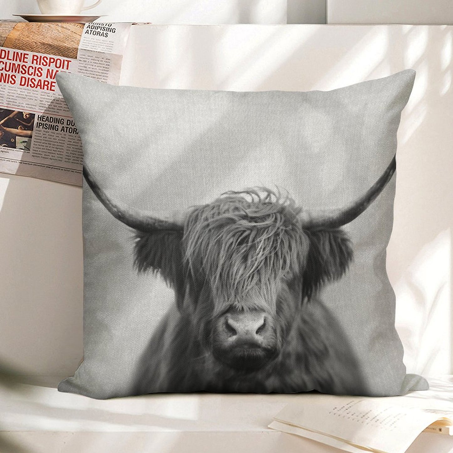 Highland Cow - Black & White Linen Throw Pillow Cover