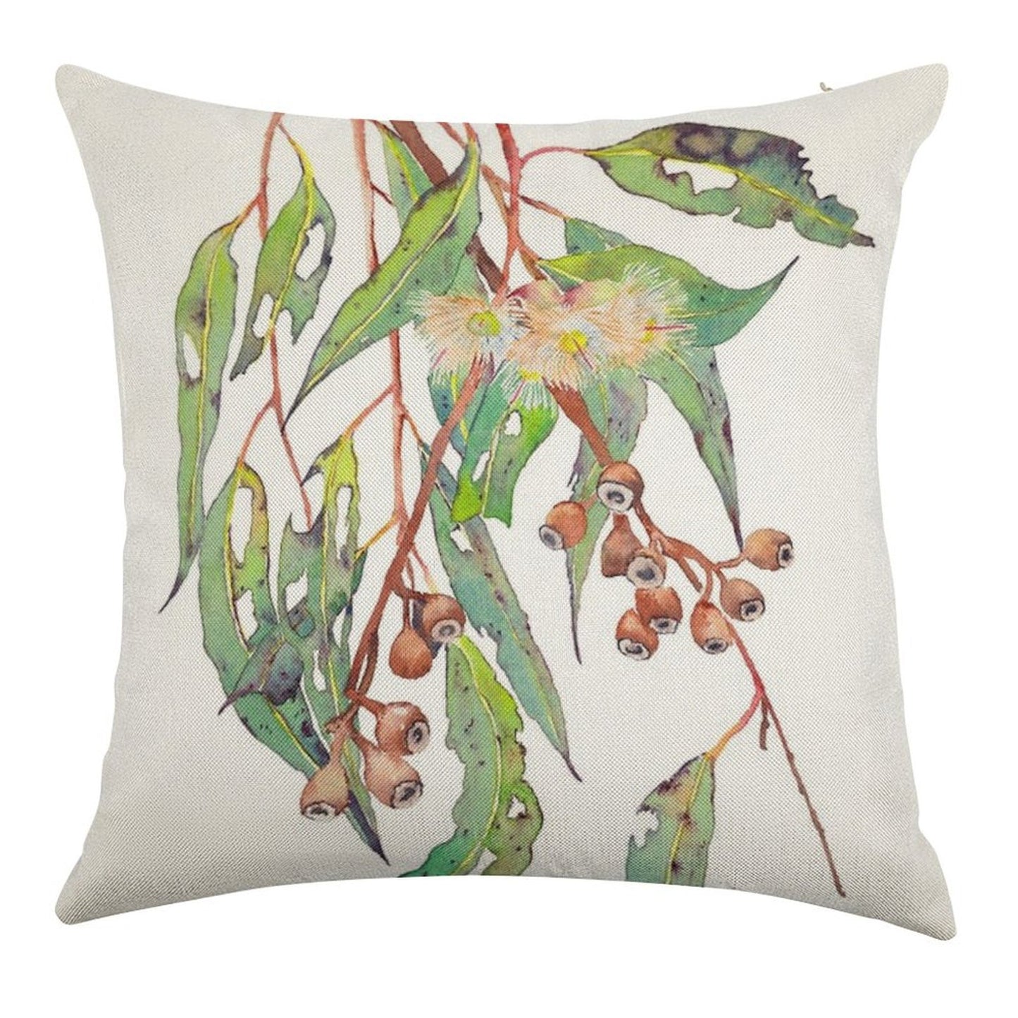 Watercolour Eucalyptus Tree Branch with White Flowers & Gumnuts. Linen Throw Pillow Cover