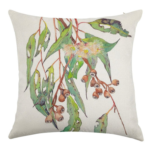 Watercolour Eucalyptus Tree Branch with White Flowers & Gumnuts. Linen Throw Pillow Cover