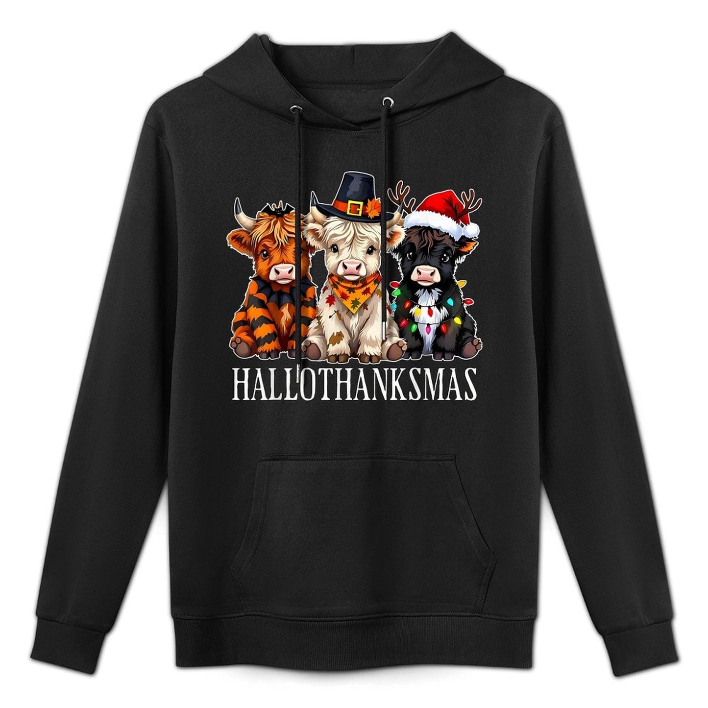 HalloThanksMas Halloween Thanksgiving Christmas Highland Cow All-Day Comfort Hoodie