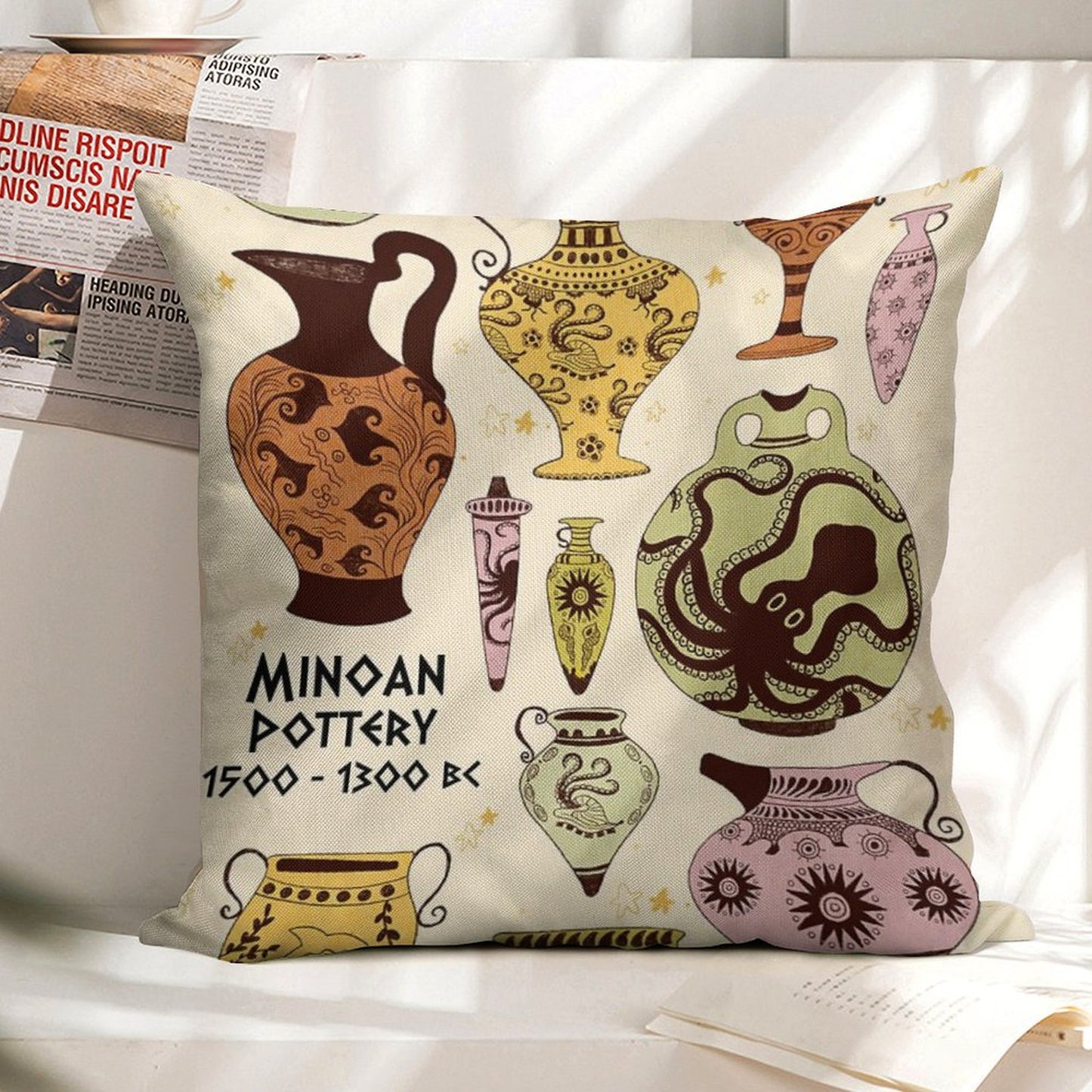 Minoan Pottery Linen Throw Pillow Cover