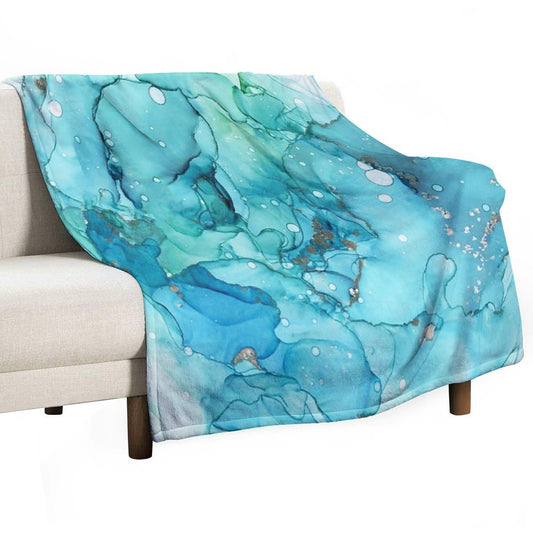 Mermaid Tears - Teal Chrome Abstract Ink Painting Throw Blanket