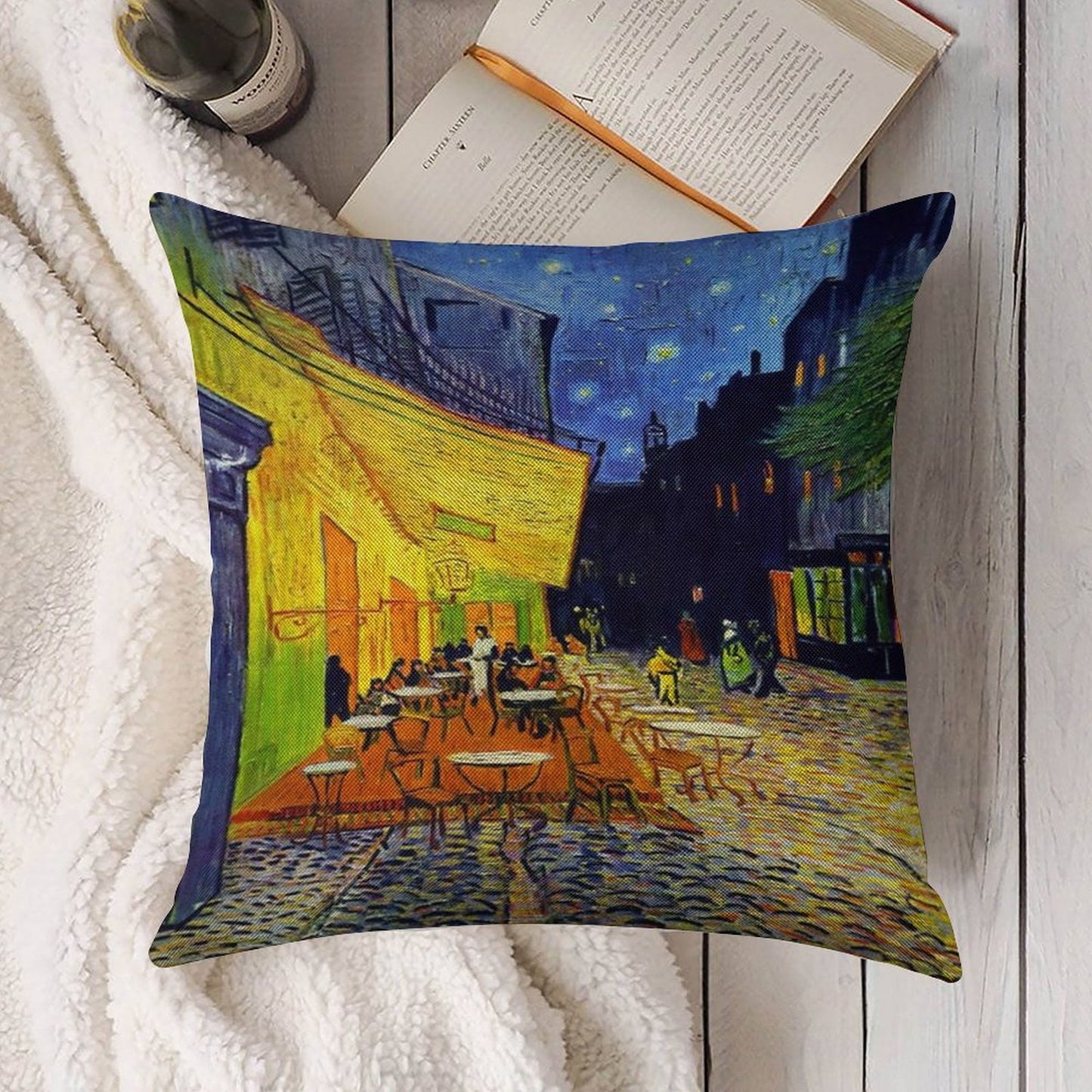 Cafe Terrace at Night - Van Gogh Linen Throw Pillow Cover