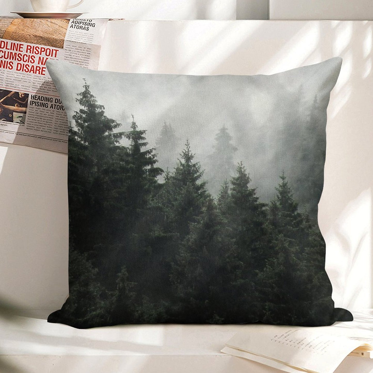 Waiting For  Misty Foggy Fairytale Forest With Cascadia Trees Covered In Magic Fog Linen Throw Pillow Cover