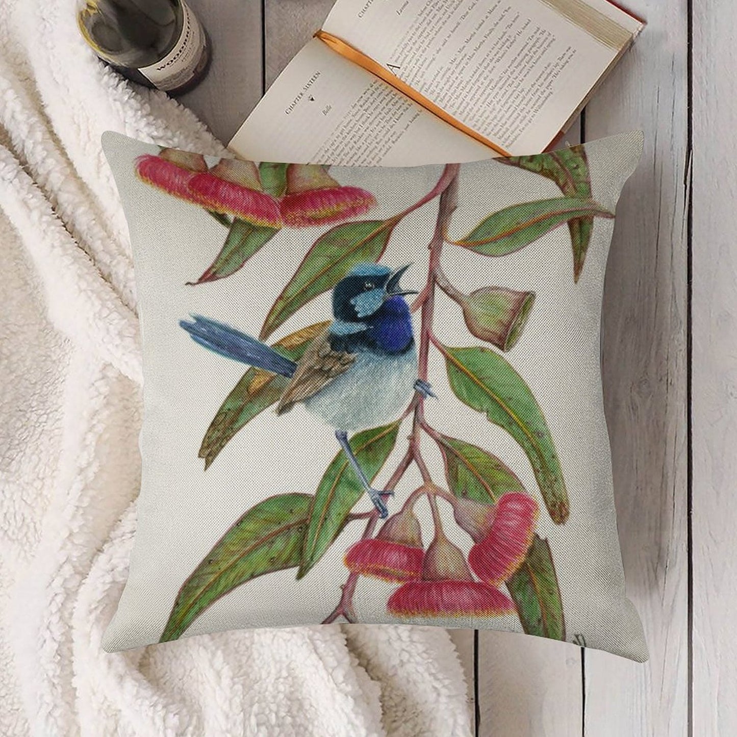 Splendid Fairywren in Silver Princess Linen Throw Pillow Cover