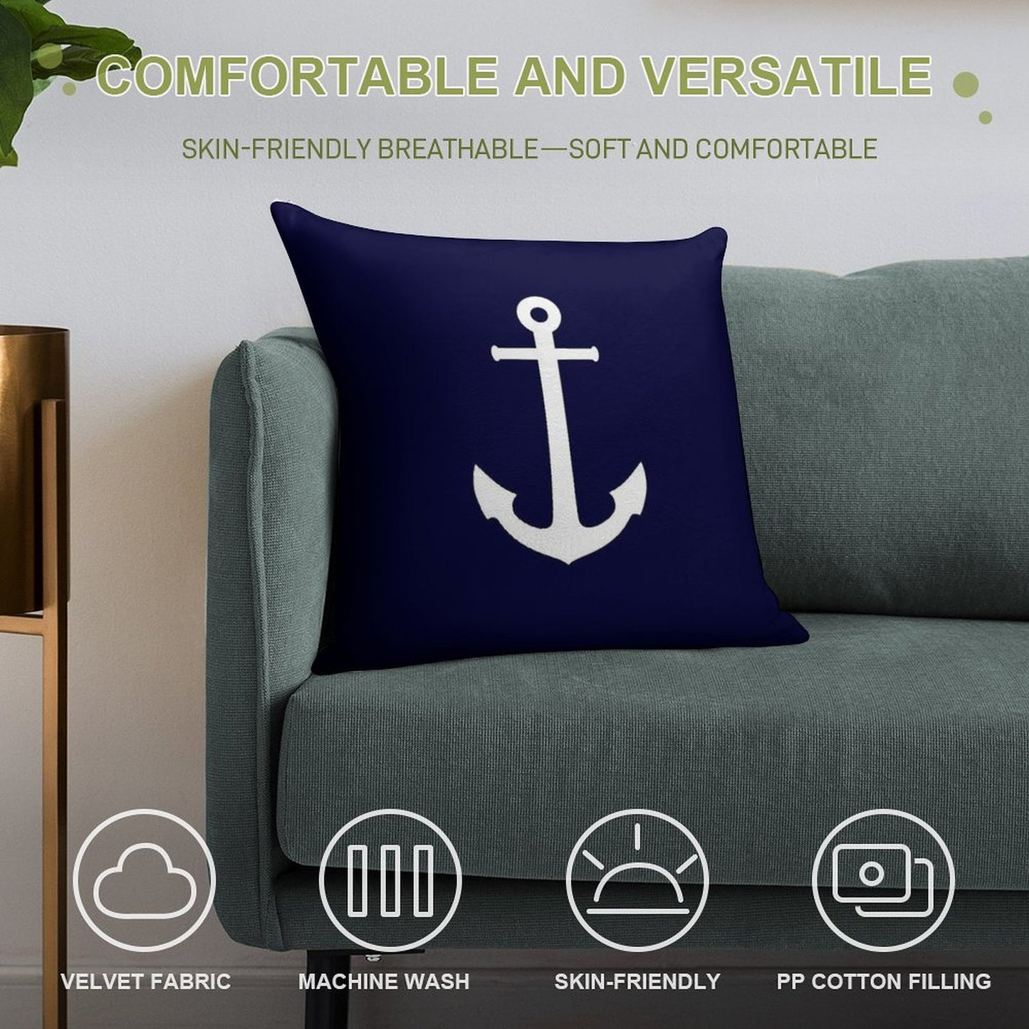 White Anchor On Navy Blue Soft Short Plush Fabric Throw Pillow
