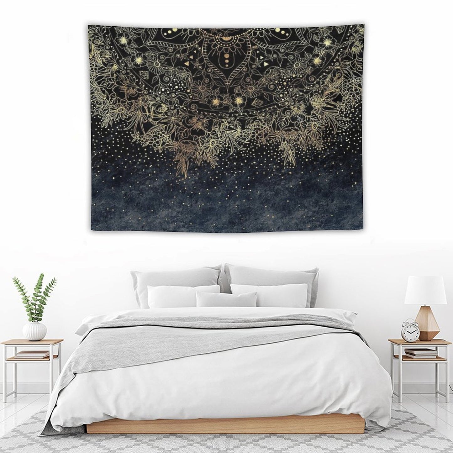 Blue Gold Mandala Floral Tapestry