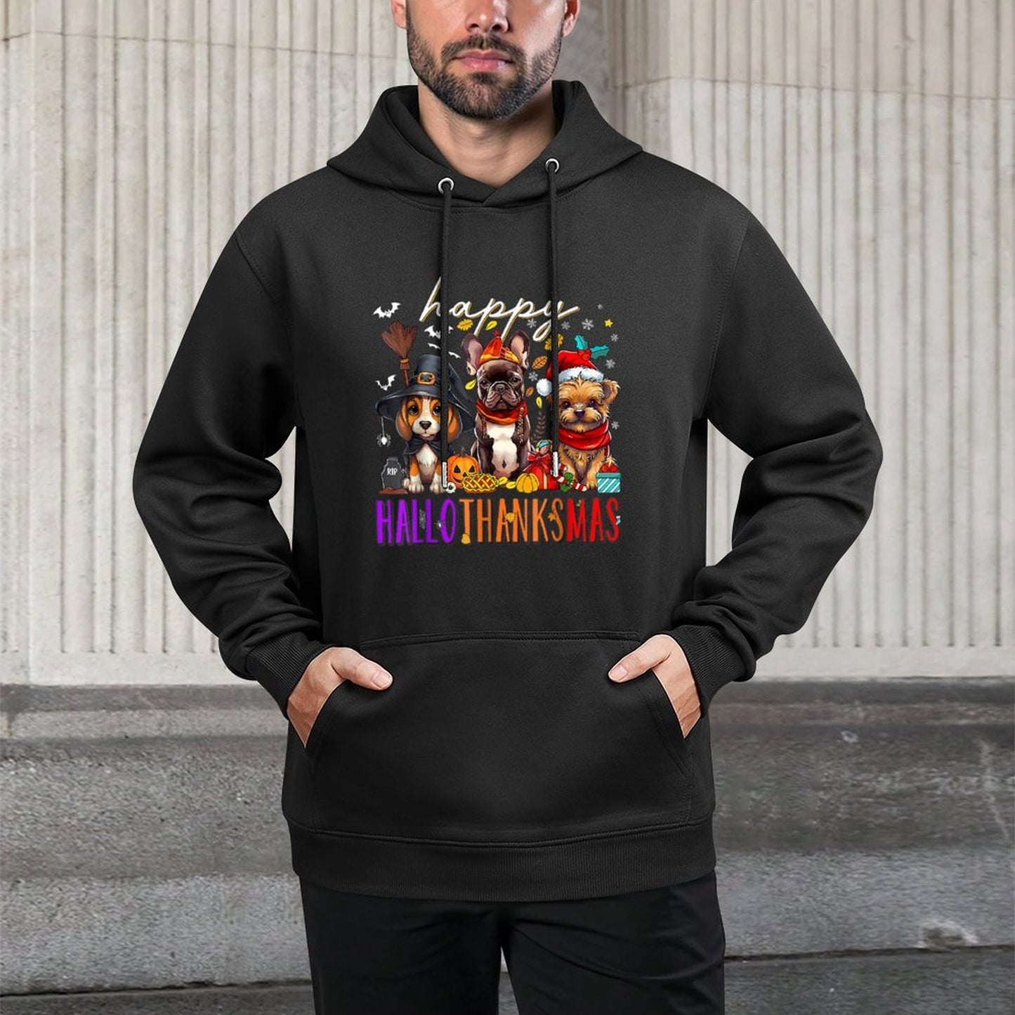 Happy HalloThanksMas Dogs Halloween Thanksgiving Christmas Adjustable Hood Hoodie