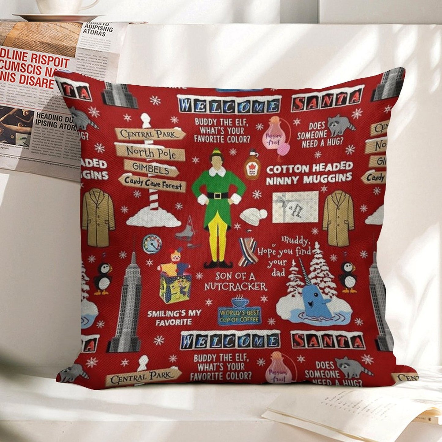 Buddy The Elf Collage, Red Background Linen Throw Pillow Cover