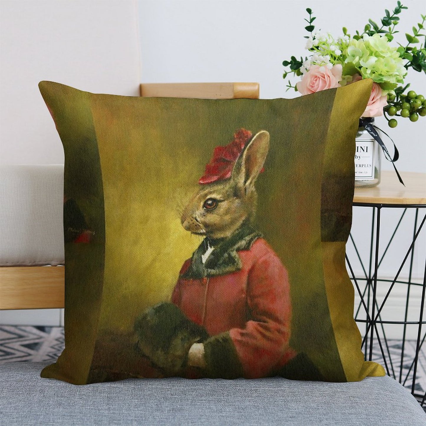 Victorian Lady Rabbit Linen Throw Pillow Cover