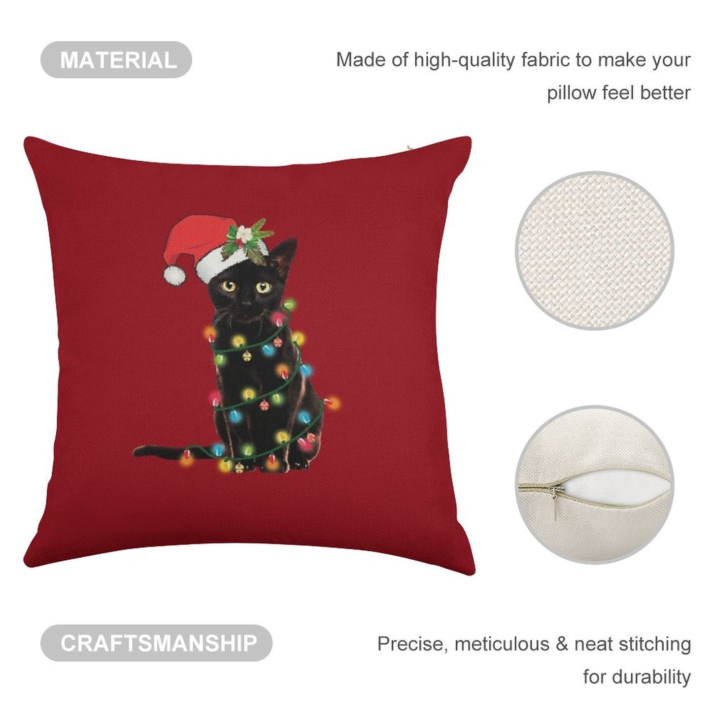 Santa Black Cat Tangled Up In Christmas Tree Lights Holiday Linen Throw Pillow Cover