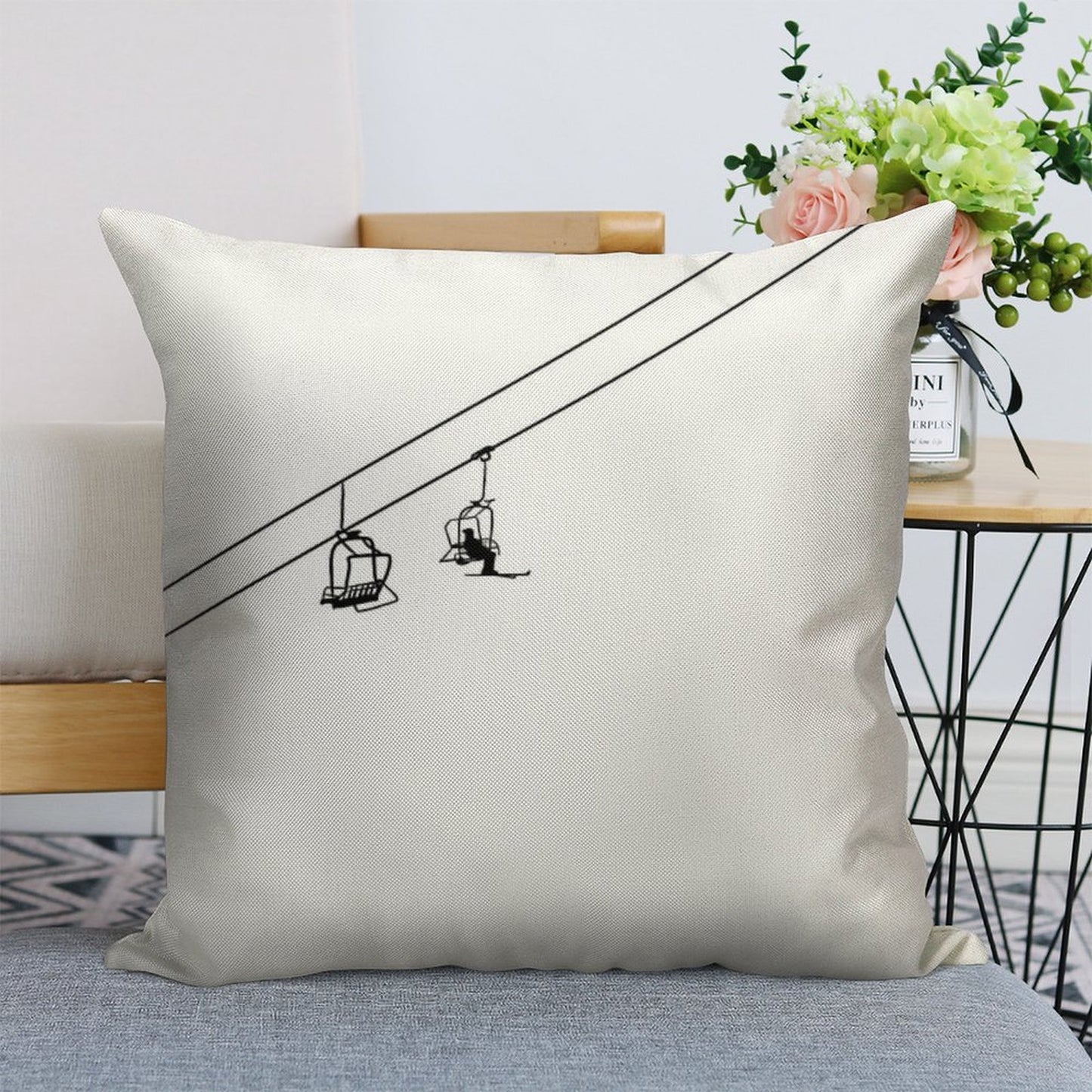 Ski Lift Black And White Linen Throw Pillow Cover