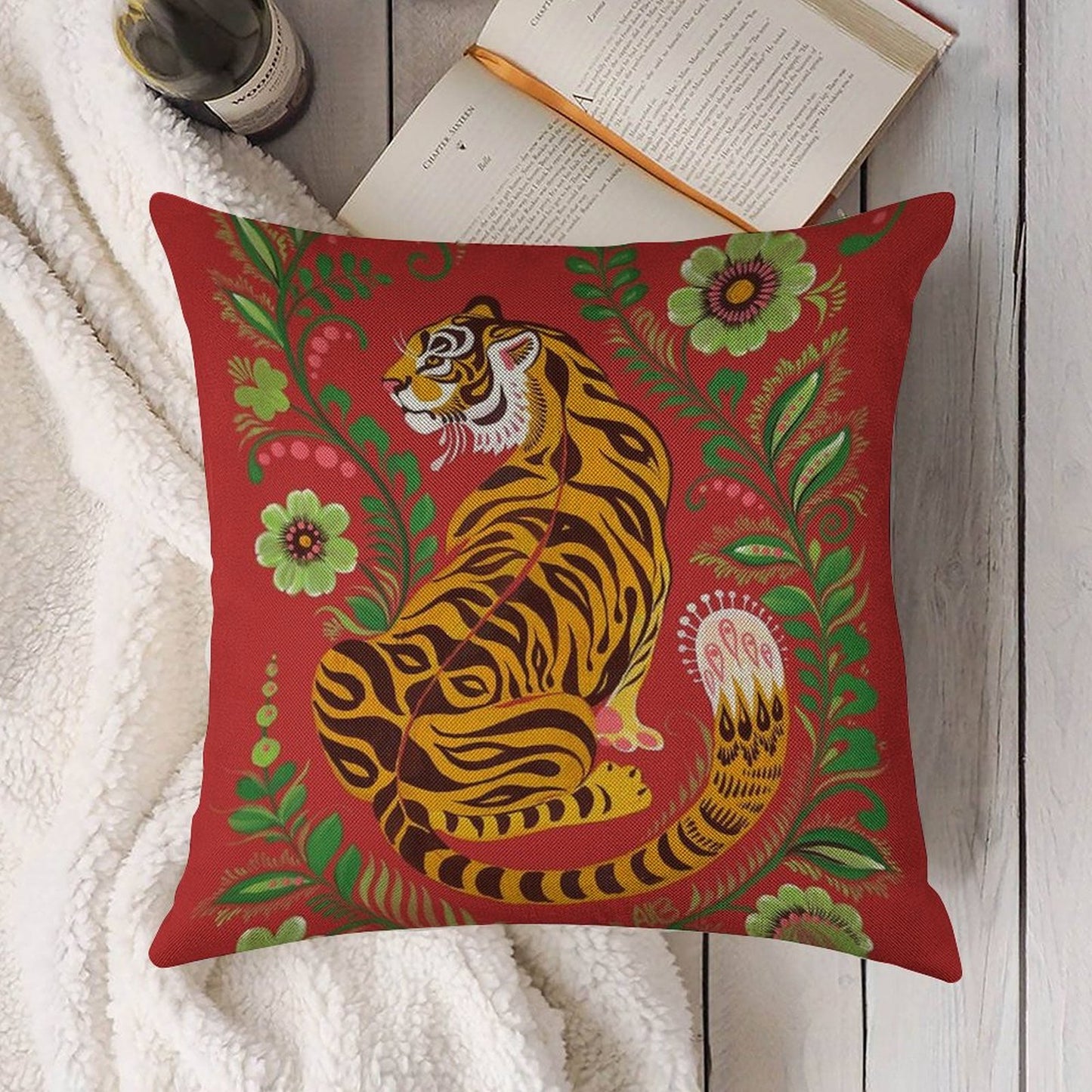 Tiger Folk Art Linen Throw Pillow Cover